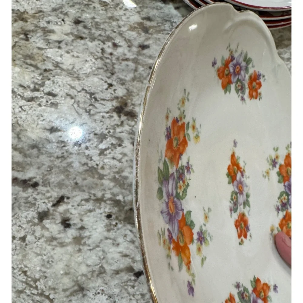 Vintage Floral Scalloped Serving Plate White Orange Purple Gold Trim 9.75 Inch